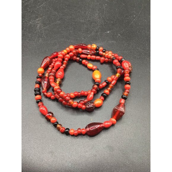 Red Glass Necklace Molded Glass Black Red Beads Long Strand Beaded Necklace - Picture 1 of 5